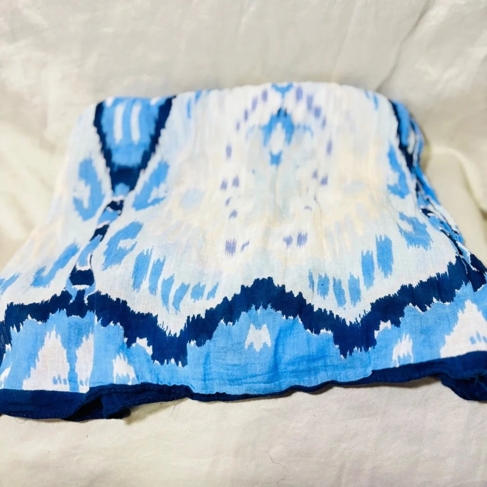 Blue Ikat Print Lightweight Scarf Wrap Boho Coastal Summer Shawl